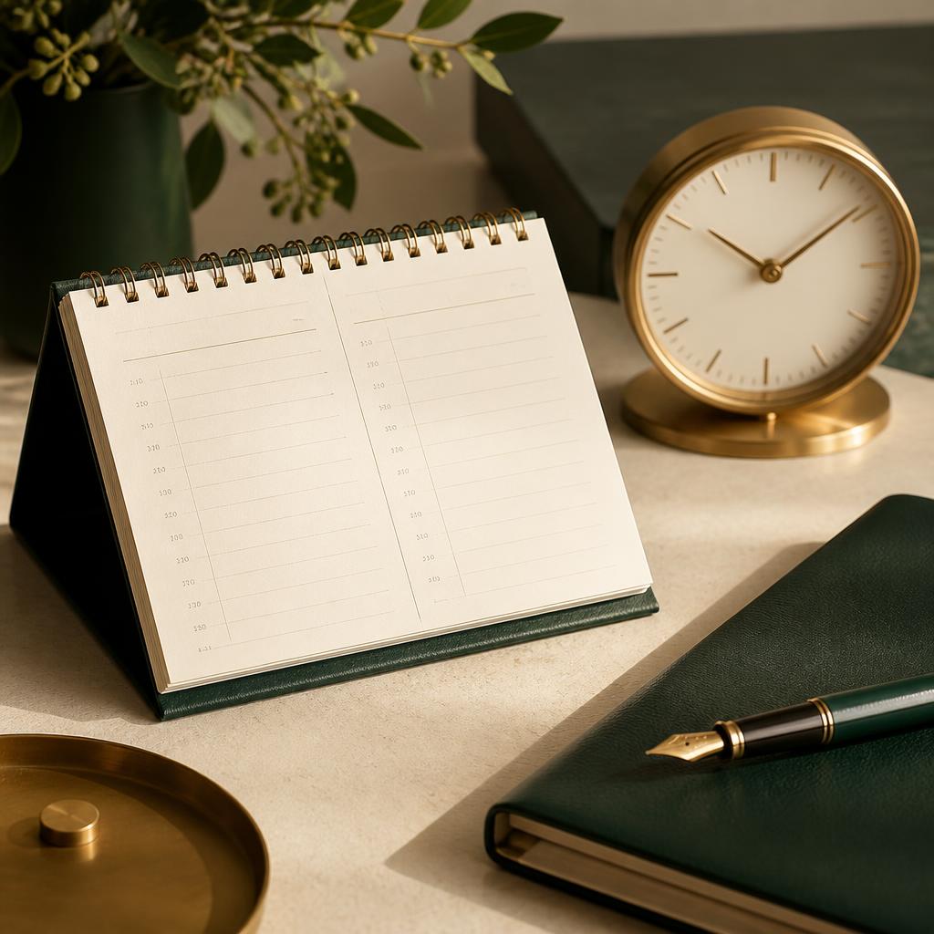 Calendário de mesa, relógio de latão e caderno representando o agendamento de reunião